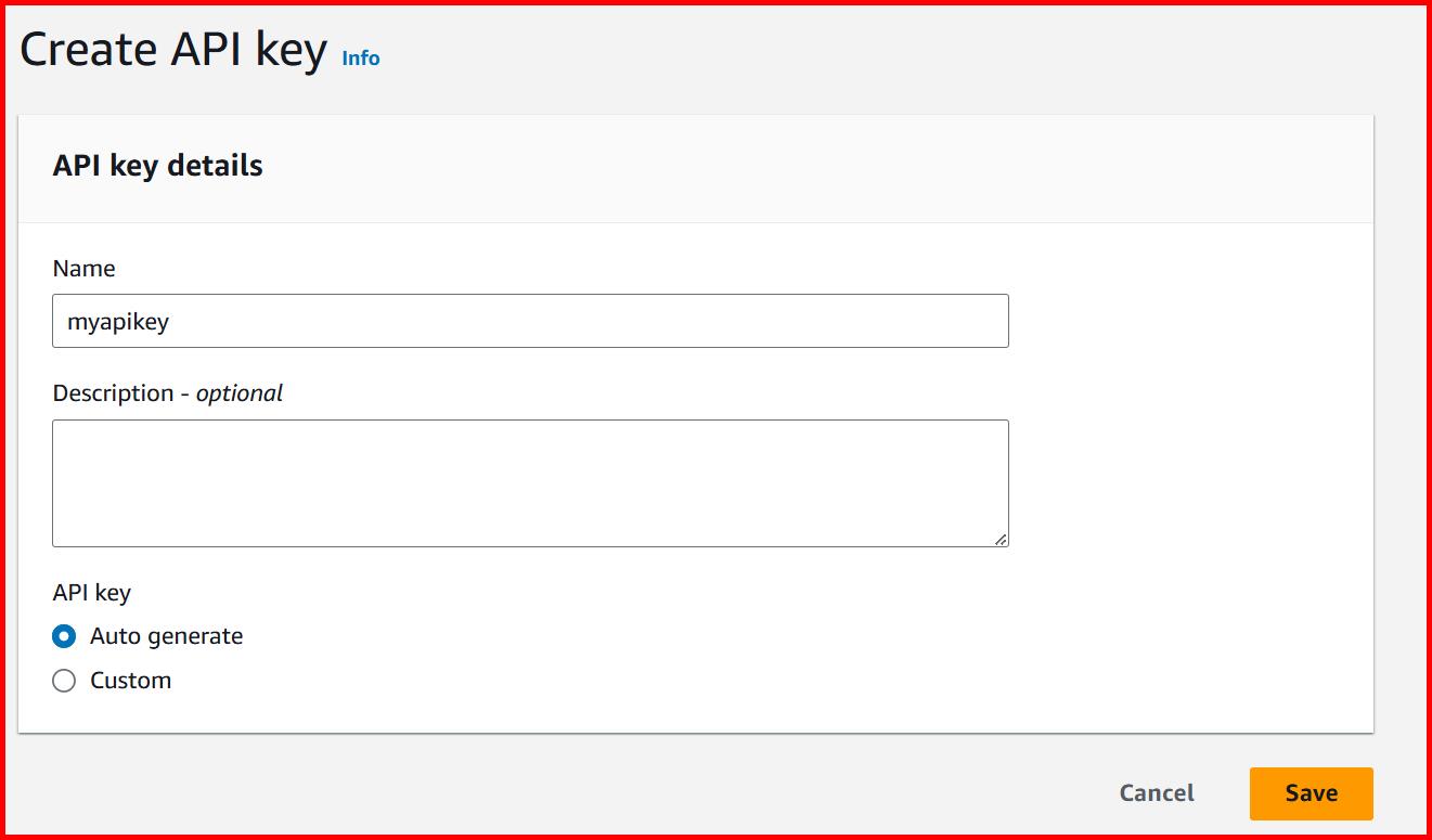 Picture showing the Create API key screen for creating the new API key